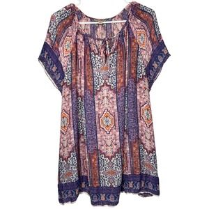 Lucky Brand Boho Peasant Top‎ Tunic Blouse Short Sleeve Patterned Women's 2X
